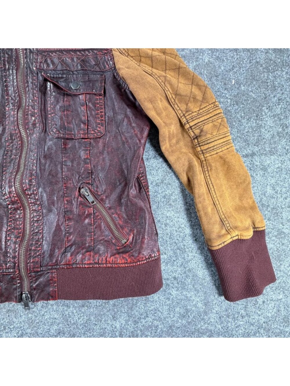 BKE Pieced Full-Zip Jacket Womens XL Burgundy Mustard Faux Leather Ribbed Trim - Picture 5 of 16